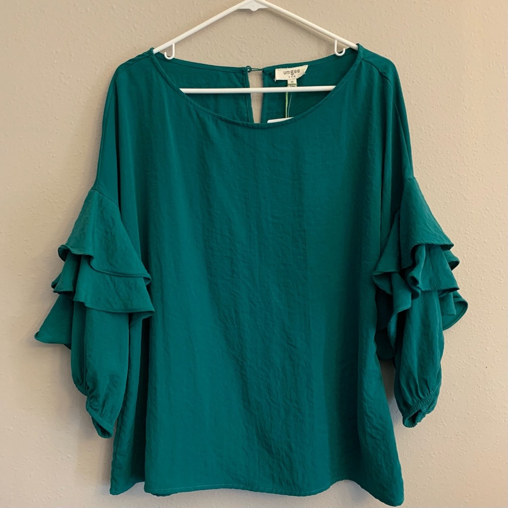 Umgee Bell Ruffle Sleeve Green Short Sleeve Top Size Medium